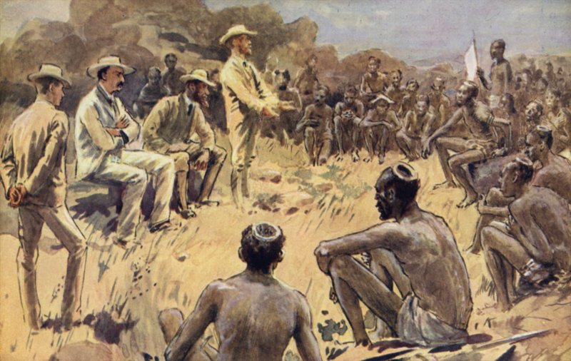 Cecil Rhodes em conselho com os chefes de Matabele de William Rainey