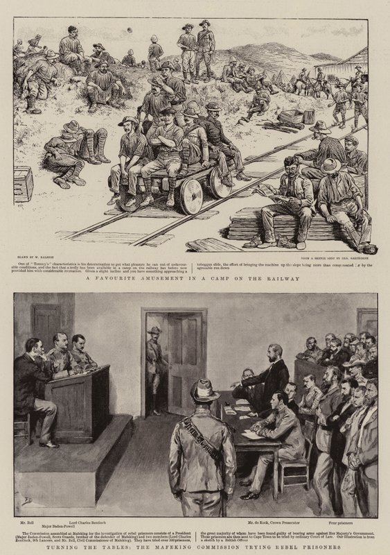 Um divertimento favorito em um acampamento na estrada de ferro, virando as mesas, a Comissão Mafeking tentando prisioneiros rebeldes de William Ralston