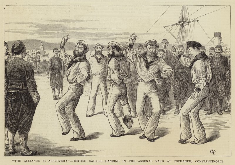 A Aliança é aprovada !, Marinheiros britânicos dançando no Arsenal Yard em Tophaneh, Constantinopla de William Ralston