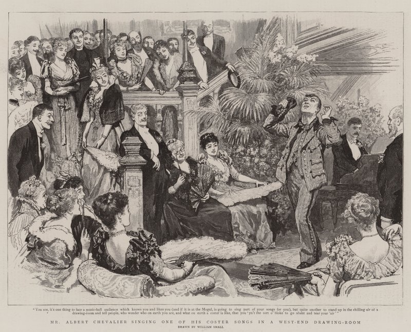 Sr. Albert Chevalier cantando uma de suas canções Coster em uma sala de desenho West-End de William Small