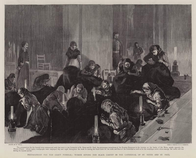 Preparativos para o Funeral do Czar, Mulheres costurando o Tapete Negro na Catedral de São Pedro e São Paulo de William Small
