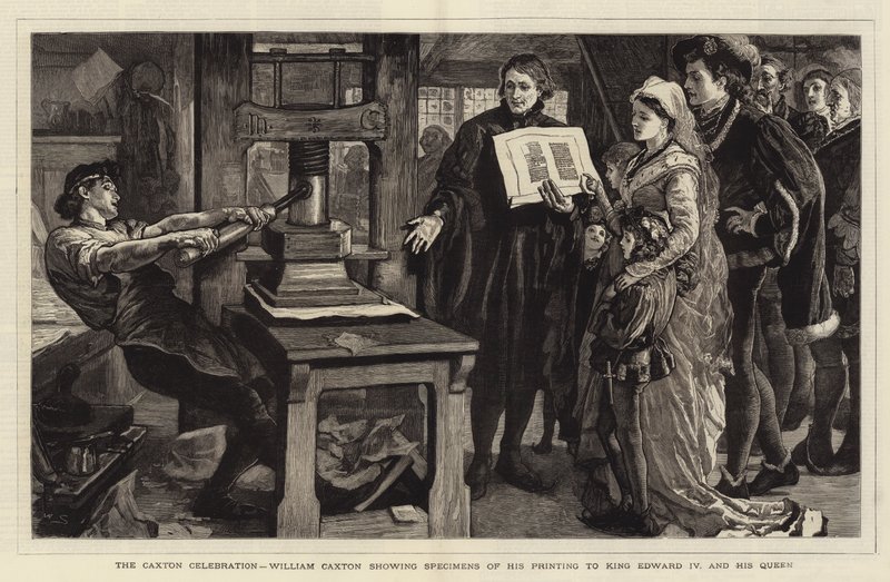 A Celebração de Caxton, William Caxton mostrando Espécimes de sua impressão ao Rei Edward IV e sua Rainha de William Small