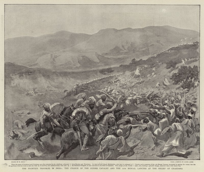 Os problemas da fronteira na Índia, a acusação dos guias de cavalaria e os 11º lanceiros de bengal no relevo de Chakdara, agosto de 1897 de William Small