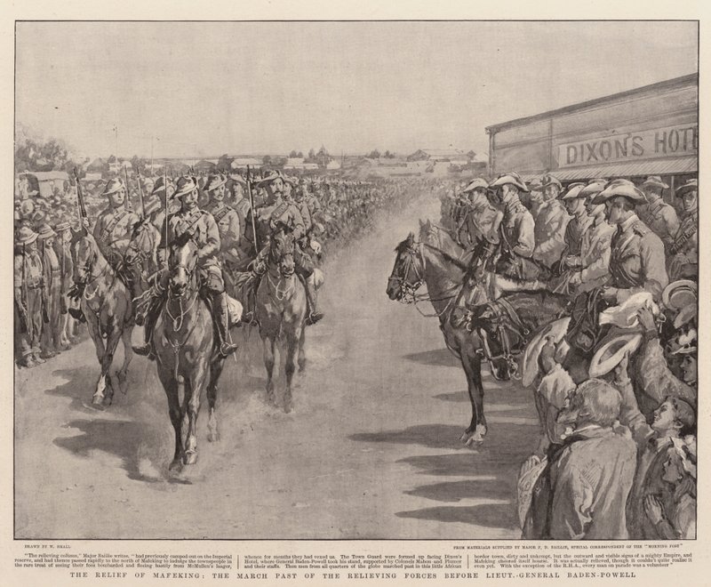 O alívio de Mafeking, o passado de março das forças de alívio antes do tenente-general Baden-Powell de William Small