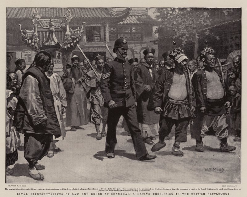 Representantes rivais da lei e da ordem em Xangai, uma procissão nativa no assentamento britânico de William T. Maud