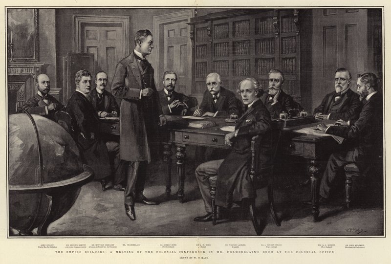 The Empire Builders, uma reunião da Conferência Colonial na sala do Sr. Chamberlain no Escritório Colonial de William T. Maud