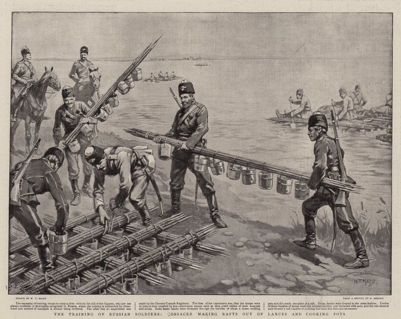 O treinamento de soldados russos, cossacos fazendo lastres de lanças e panelas de William T. Maud