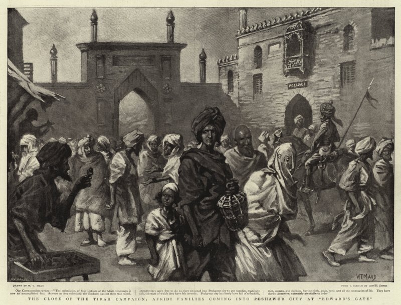O encerramento da Campanha Tirah, Famílias Afridi que entram na cidade de Peshawur no Portão de Edward de William T. Maud