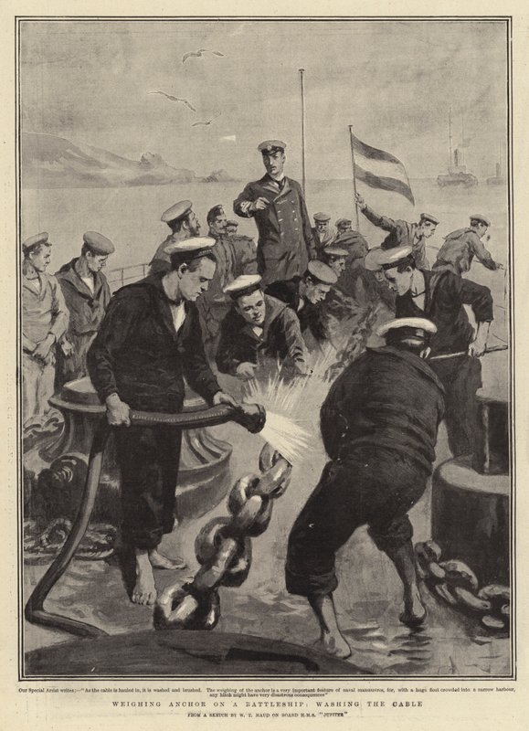 Pesando âncora em um navio de guerra, lavando o cabo de William T. Maud