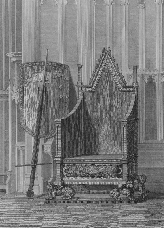 A Cadeira de Coroação dos Soberanos Ingleses, com o Escudo e Espada de Estado de Eduardo o Terceiro, Abadia de Westminster (gravura) de William (after) Capon