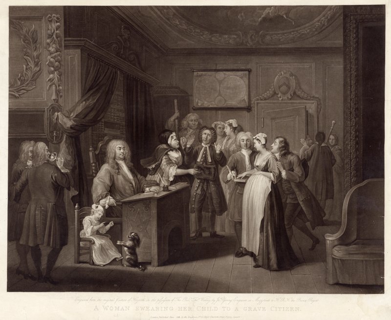 Uma Mulher Jurando Seu Filho a um Cidadão Grave (mezzotint) de William (after) Hogarth