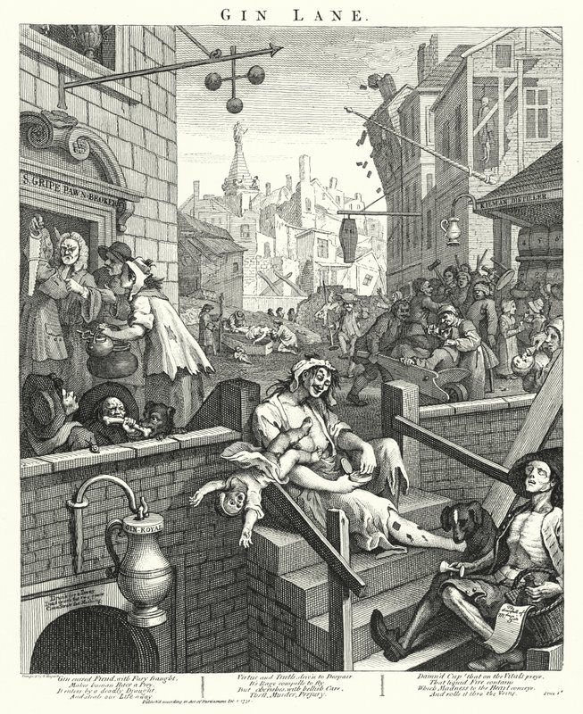 Gin Lane (gravura) de William (after) Hogarth
