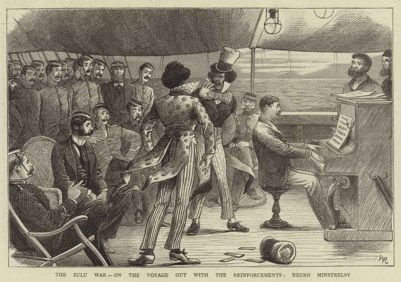 A Guerra Zulu, na Viagem com os Reforços, Minstrelsy preto (gravura) de William (after) Ralston