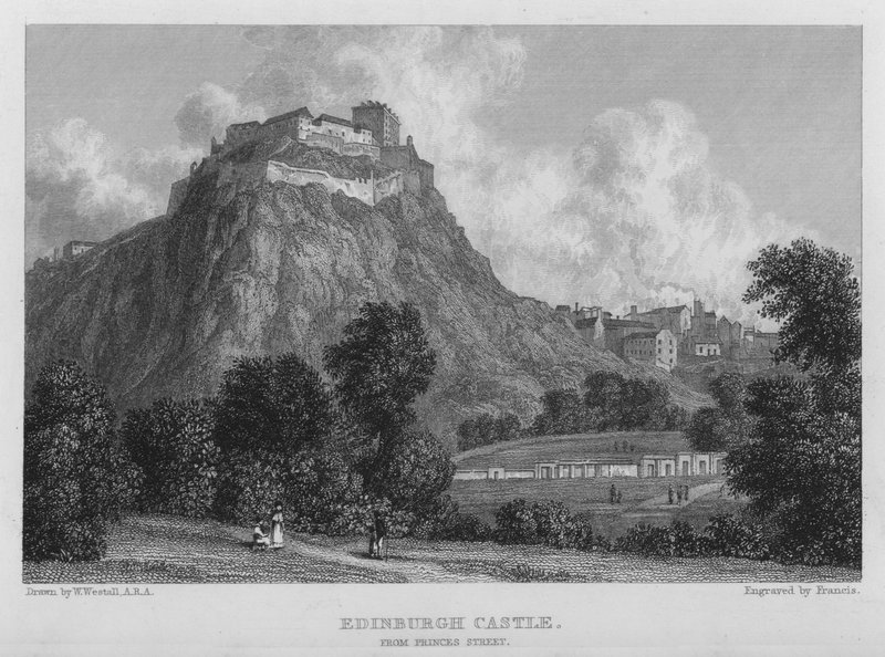 Castelo de Edimburgo, da Rua Princes (gravura) de William (after) Westall