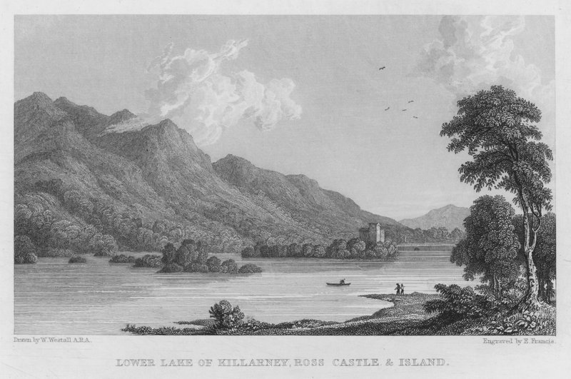 Lago Inferior de Killarney, Castelo e Ilha de Ross (gravura) de William (after) Westall