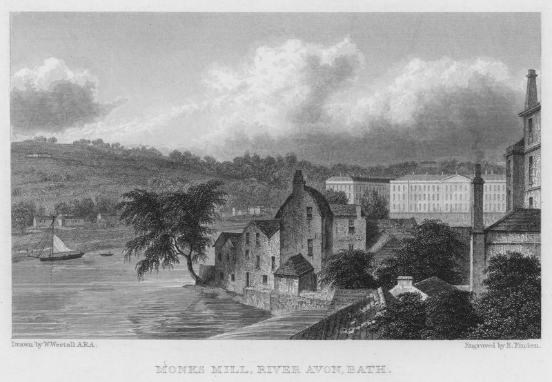 Moinho de Monges, Rio Avon, Banho (gravura) de William (after) Westall