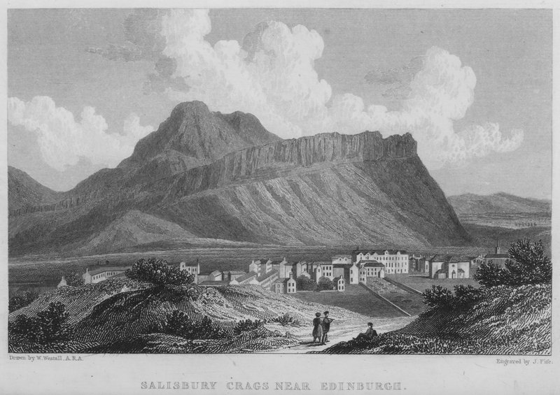 Salisbury Crags perto de Edimburgo (gravura) de William (after) Westall