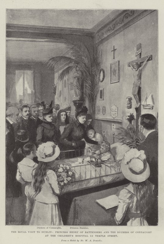Visita Real a Dublin, Princesa Henrique de Battenberg e a Duquesa de Connaught no Hospital Infantil de Temple Street litho de William A. Donnelly