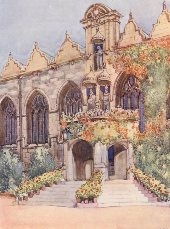 Entrada do Oriel College Hall, com as estátuas da Virgem e do Menino, de Eduardo II, o fundador nominal do colégio, e de Carlos I, em cujo reinado foi construído o edifício (litografia a cores) de William Ainsworth Wildman