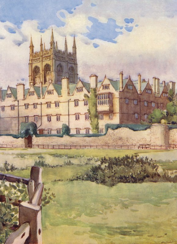 Merton College, onde a rainha Henrietta Maria esteve alojada durante a Guerra Civil, mostrando um bastião da antiga muralha da cidade (litografia a cores) de William Ainsworth Wildman