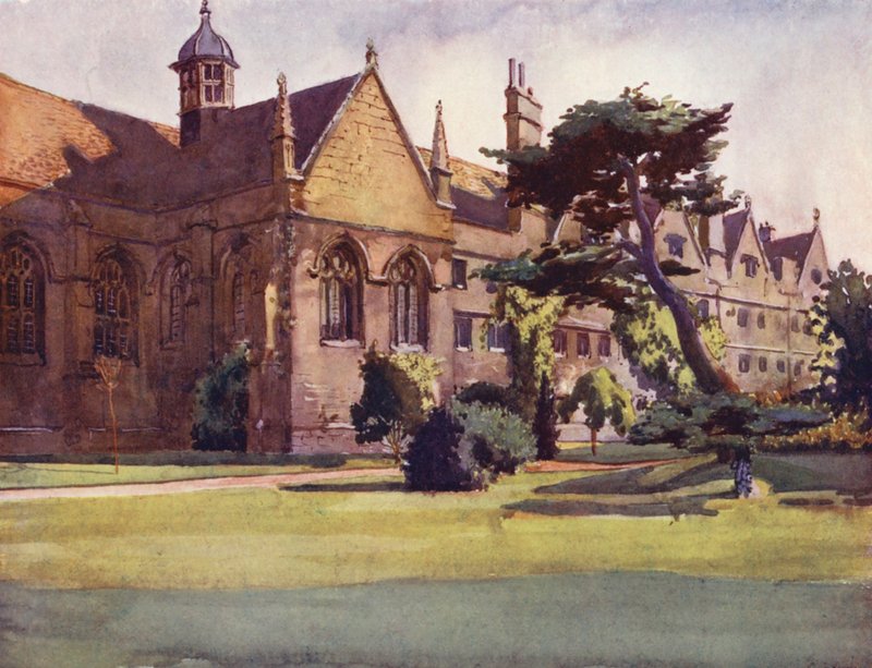 Frente do jardim do Wadham College (litografia a cores) de William Ainsworth Wildman