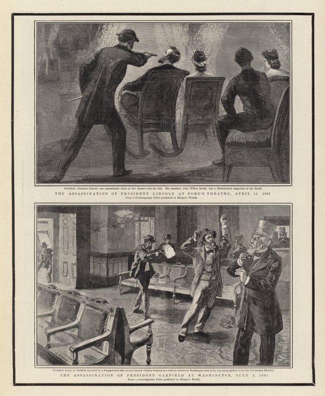 O Assassinato do Presidente Lincoln no Teatro de Ford, em 14 de abril de 1865, o Assassinato do Presidente Garfield em Washington, em 2 de julho de 1881 de William Allen Rogers