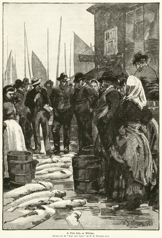Uma venda de peixe em Whitby (gravura) de William Barnes (after) Wollen