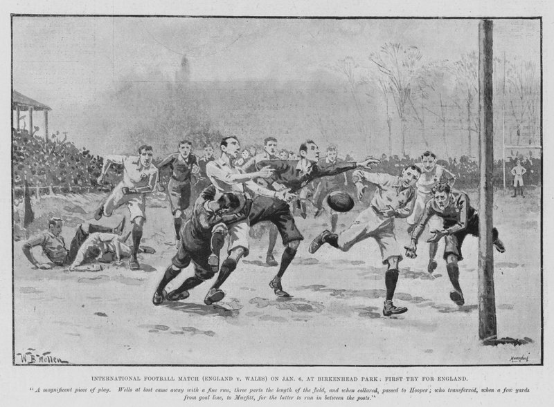 Jogo Internacional de Futebol (Inglaterra x País de Gales) em 6 de janeiro, no Birkenhead Park, First Try for England (litho) de William Barnes (after) Wollen