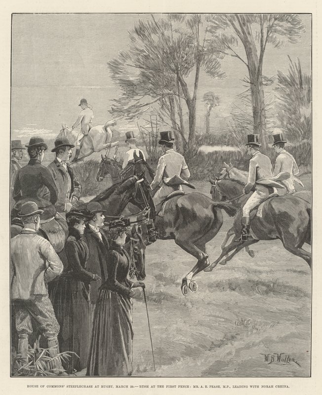Steeplechase da Câmara dos Comuns em Rugby, 29 de março, Rush at the First Fence, Sr. AE Pease, MP, liderando com Norah Creina de William Barnes Wollen