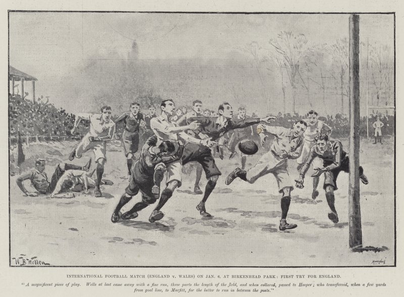 International Football Match (Inglaterra v País de Gales) em 6 de janeiro, no Birkenhead Park, First Try for England de William Barnes Wollen