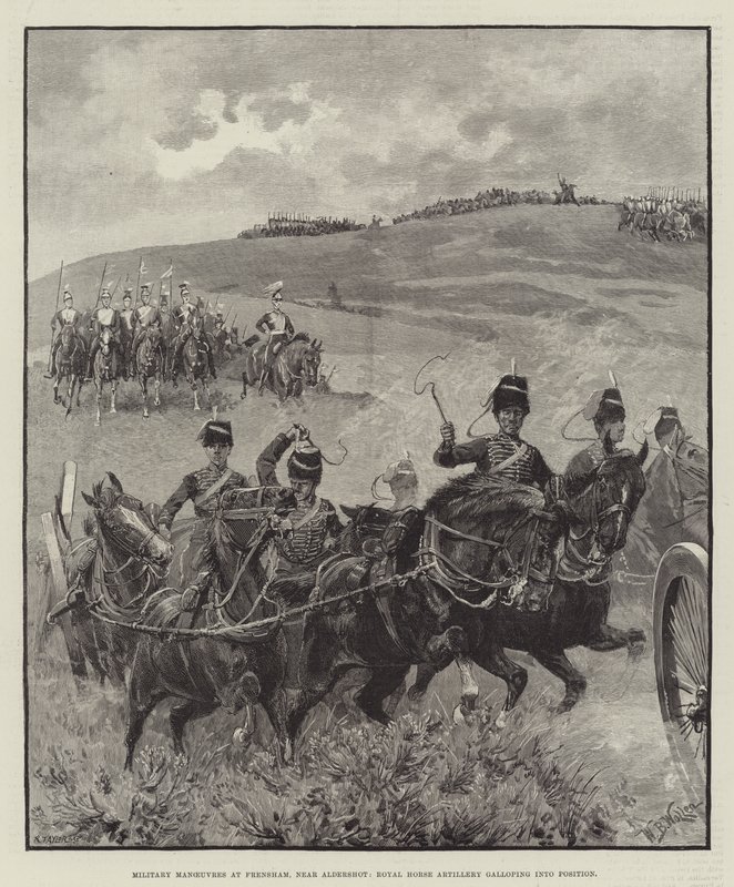 Manobras militares em Frensham, perto de Aldershot, artilharia de cavalo real galopando na posição de William Barnes Wollen