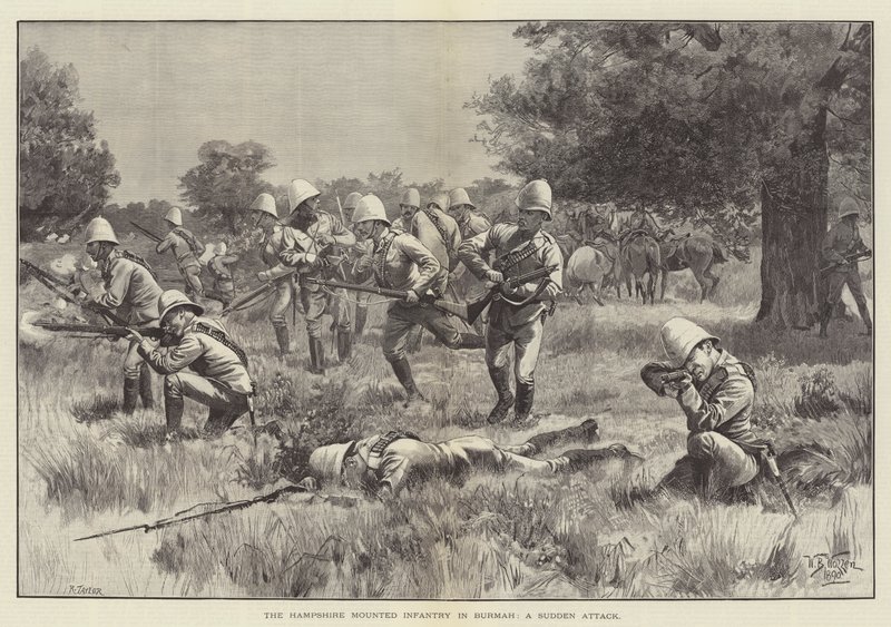 A infantaria montada em Hampshire em Burmah, um ataque repentino de William Barnes Wollen