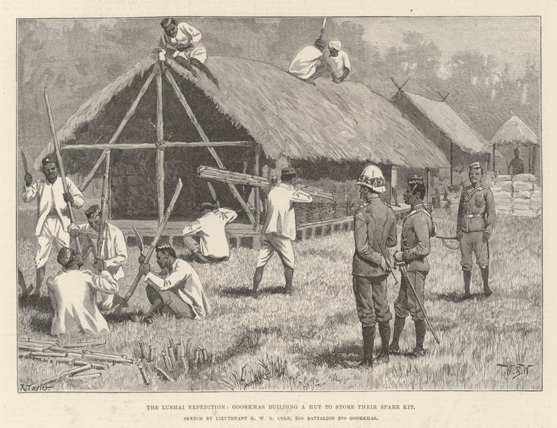 A Expedição Lushai, Goorkhas construindo uma Cabana para guardar seu Kit de Sobressalentes de William Barnes Wollen