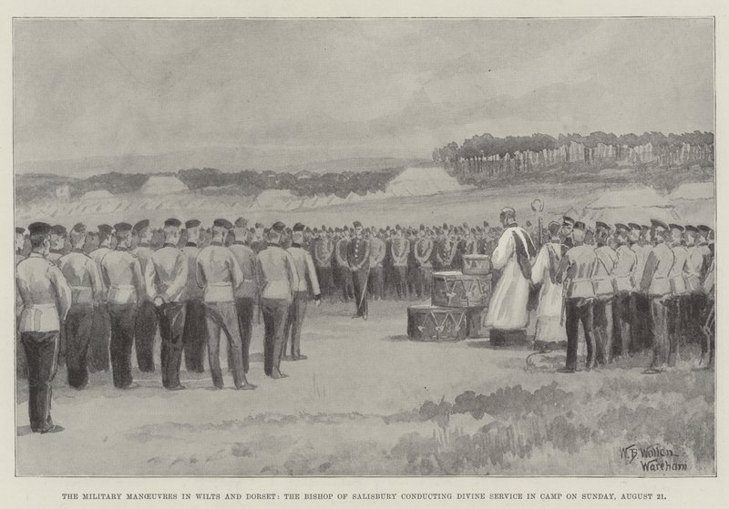 As manobras militares em Wilts e Dorset, o bispo de Salisbury que conduz o serviço divino no acampamento no domingo, 21 de agosto de William Barnes Wollen