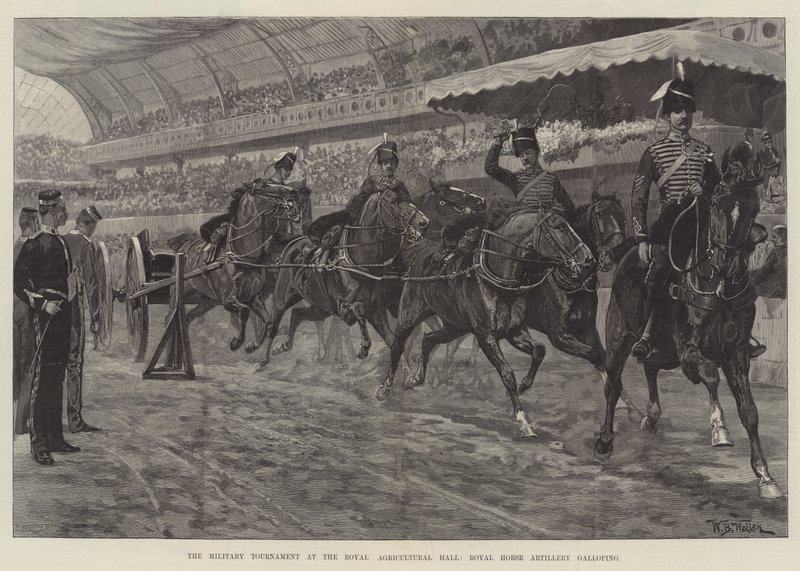 O Torneio Militar no Royal Agricultural Hall, o Royal Horse Artillery galopando de William Barnes Wollen