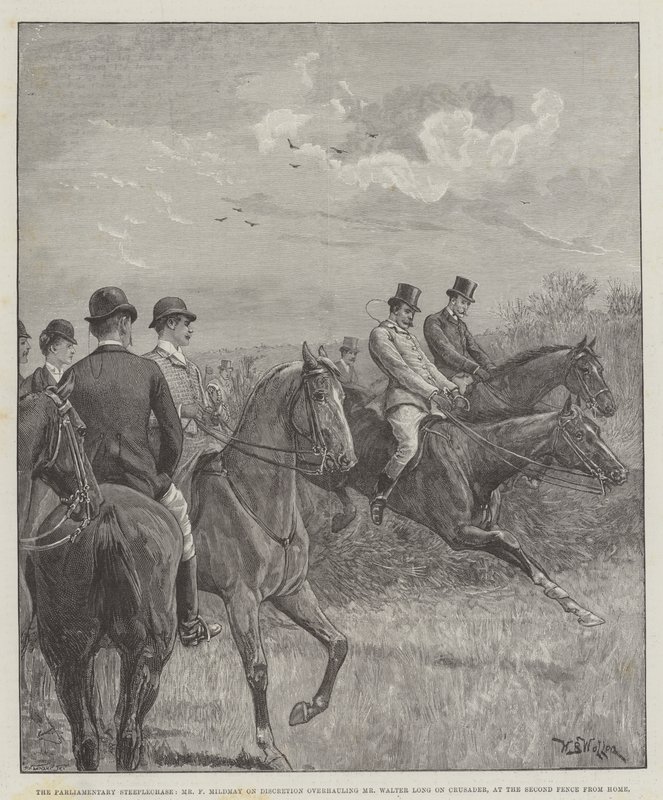 A corrida parlamentar com obstáculos, Sr. F Mildmay sobre a discrição reformando Walter Long em cruzado, na segunda cerca de casa de William Barnes Wollen