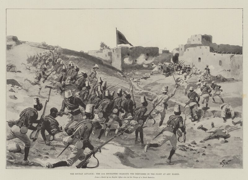 O Soudan Advance, o 11º Soudanese atacando os Dervishes na luta em Abu Hamed de William Barnes Wollen