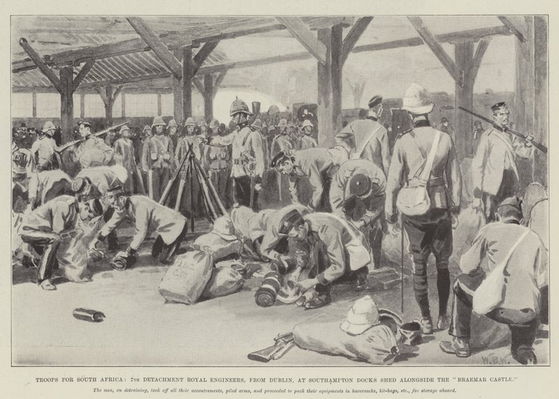 Tropas para a África do Sul, 7º Destacamento Royal Engineers, de Dublin, em Southampton Docks Shed ao lado do Castelo Braemar de William Barnes Wollen
