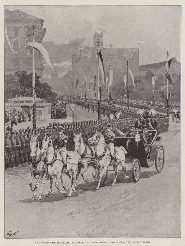 Visita do Czar e da Czarina a Viena, os dois imperadores passando pela Prater Strasse de William Barnes Wollen