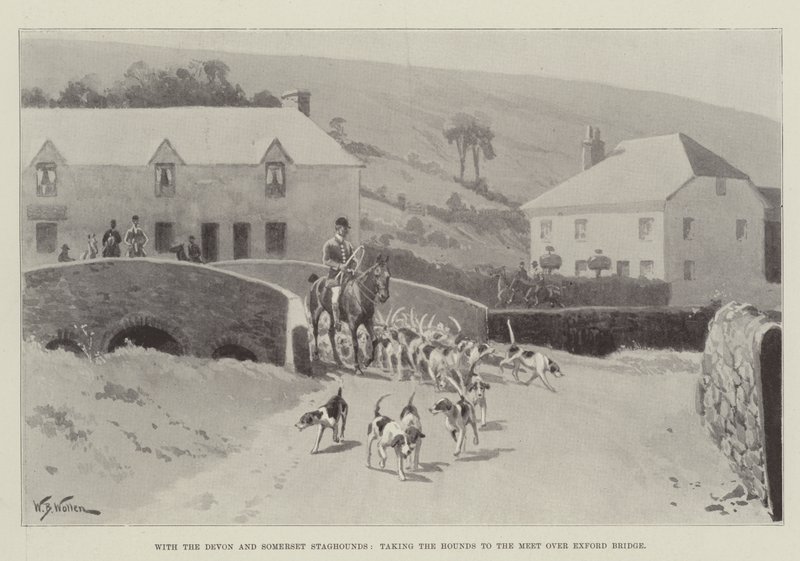 Com o Devon e Somerset Staghounds, levando os cães ao encontro sobre a ponte Exford de William Barnes Wollen