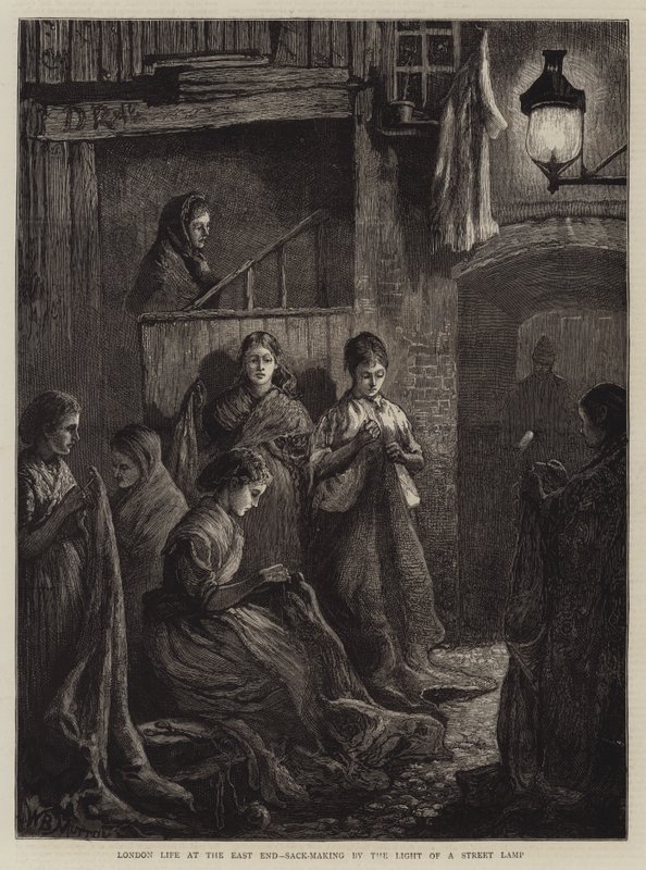 London Life at the East End, Sack-Making by the Light of a Street Lamp (gravura) de William Bazett Murray