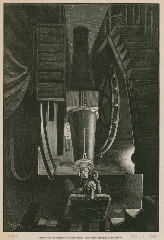 Trabalho noturno no Observatório de Greenwich; O grande telescópio equatorial (gravura) de William Bazett Murray