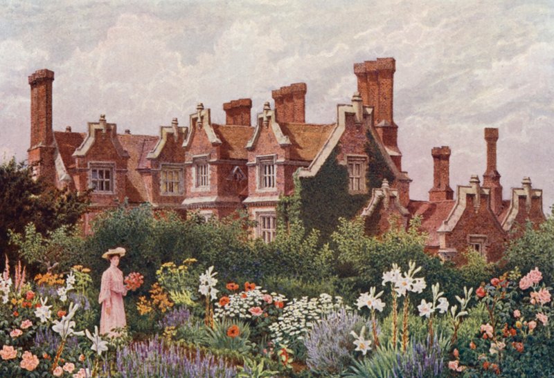 Hollingbourne Manor a partir do Jardim Upeer (litografia a cores) de William Biscombe Gardner