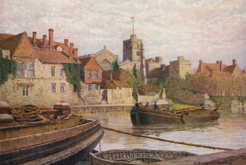 Maidstone, parte de trás do antigo palácio, da igreja e do antigo colégio do outro lado do rio Medway (litografia a cores) de William Biscombe Gardner
