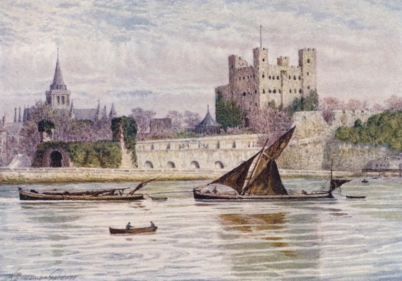 Castelo e Catedral de Rochester do outro lado do rio Medway (litografia a cores) de William Biscombe Gardner