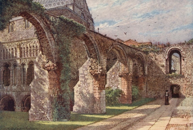 Ruínas da enfermaria, Catedral de Cantuária (litografia a cores) de William Biscombe Gardner