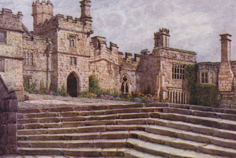 O Pátio Inferior, Haddon Hall (cor litho) de William Biscombe Gardner