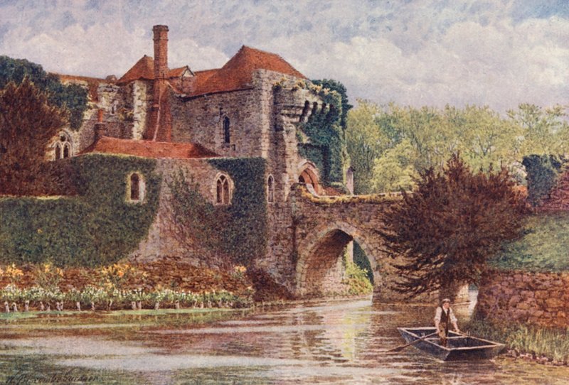 Porta de entrada e ponte antigas, Castelo de Leeds (litografia a cores) de William Biscombe Gardner
