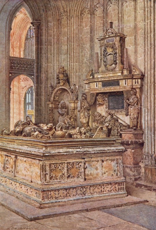 A Capela do Guerreiro, Catedral de Cantuária, virada para oeste (litografia a cores) de William Biscombe Gardner