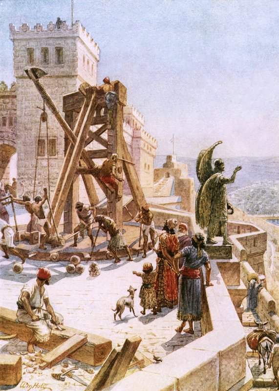 Uzziah ergue motores de guerra nas muralhas de Jerusalém de William Brassey Hole